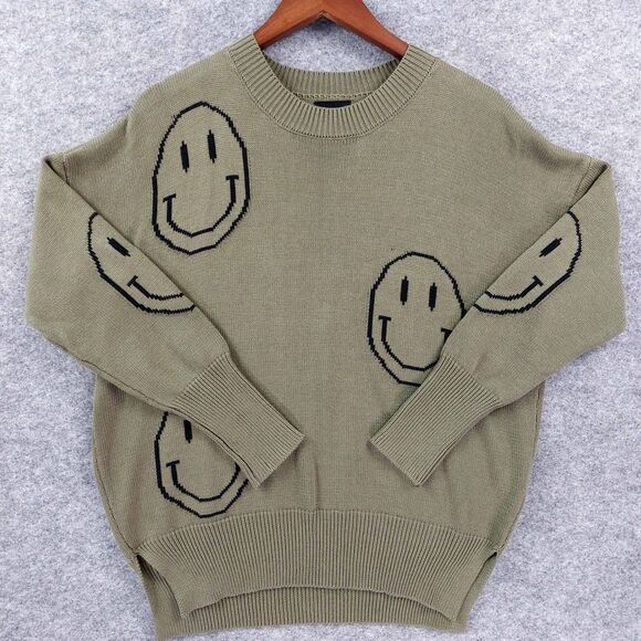 Miou Muse Sweater Womens Sz S Green Smiley Face Graphic Pullover Crewneck Knit - Picture 8 of 9